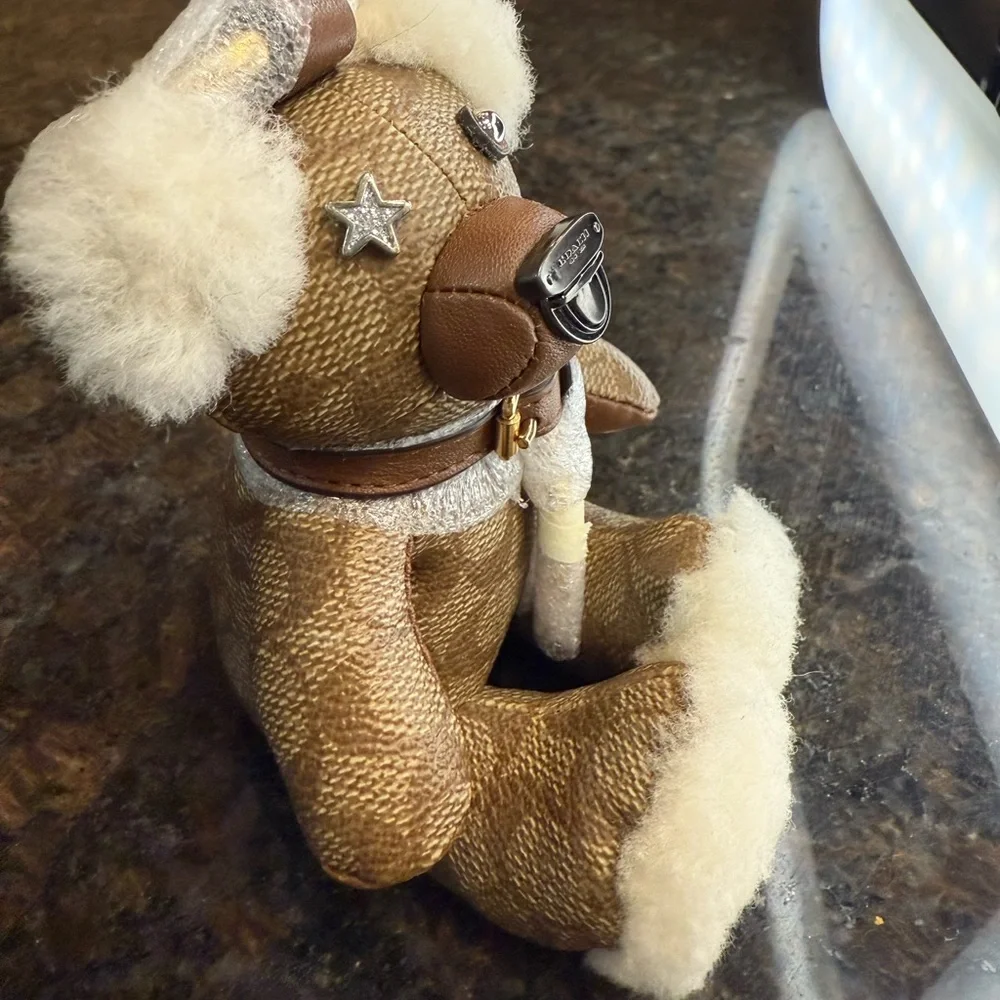 Rare Coach Monogram Tan and Cream Sitting Teddy Bear Keychain